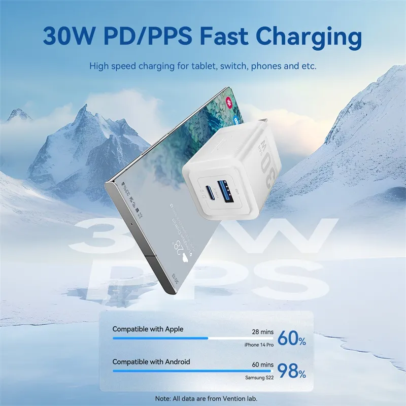 Ảnh Cốc sạc Vention 30W GaN sạc USB C Sạc PD + USB 2 cổng 20W với QC4.0 PD USB typec sạc nhanh US cho Ip 16 Samsung Android 4