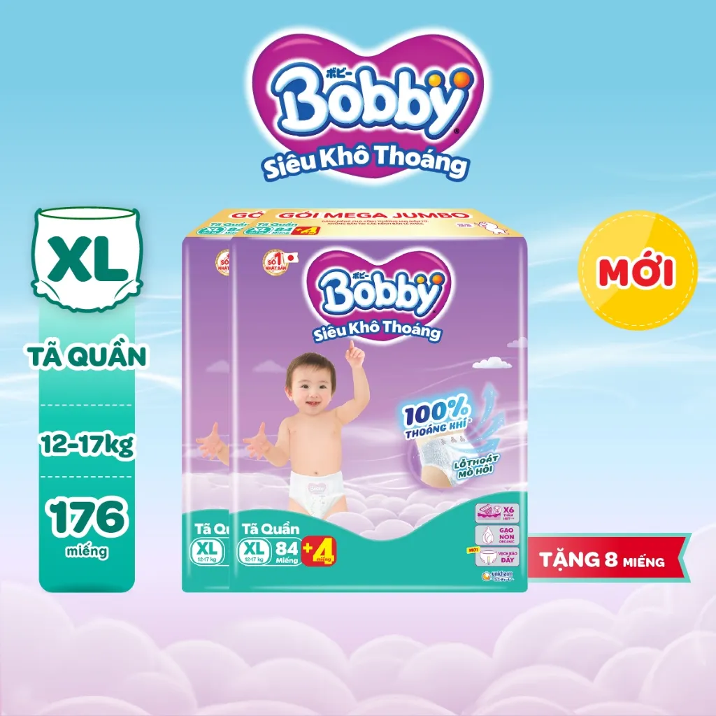 Ảnh Combo 02 tã quần Bobby Siêu Khô Thoáng - 100% Thoáng Khí Mega Jumbo M112/L96/XL84/XXL76 3