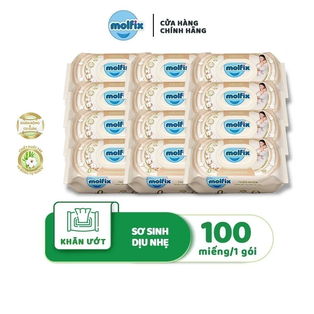 Ảnh Combo 12 Khăn ướt Molfix thiên nhiên sơ sinh dịu nhẹ không hương - 1 Gói 100 miếng 2