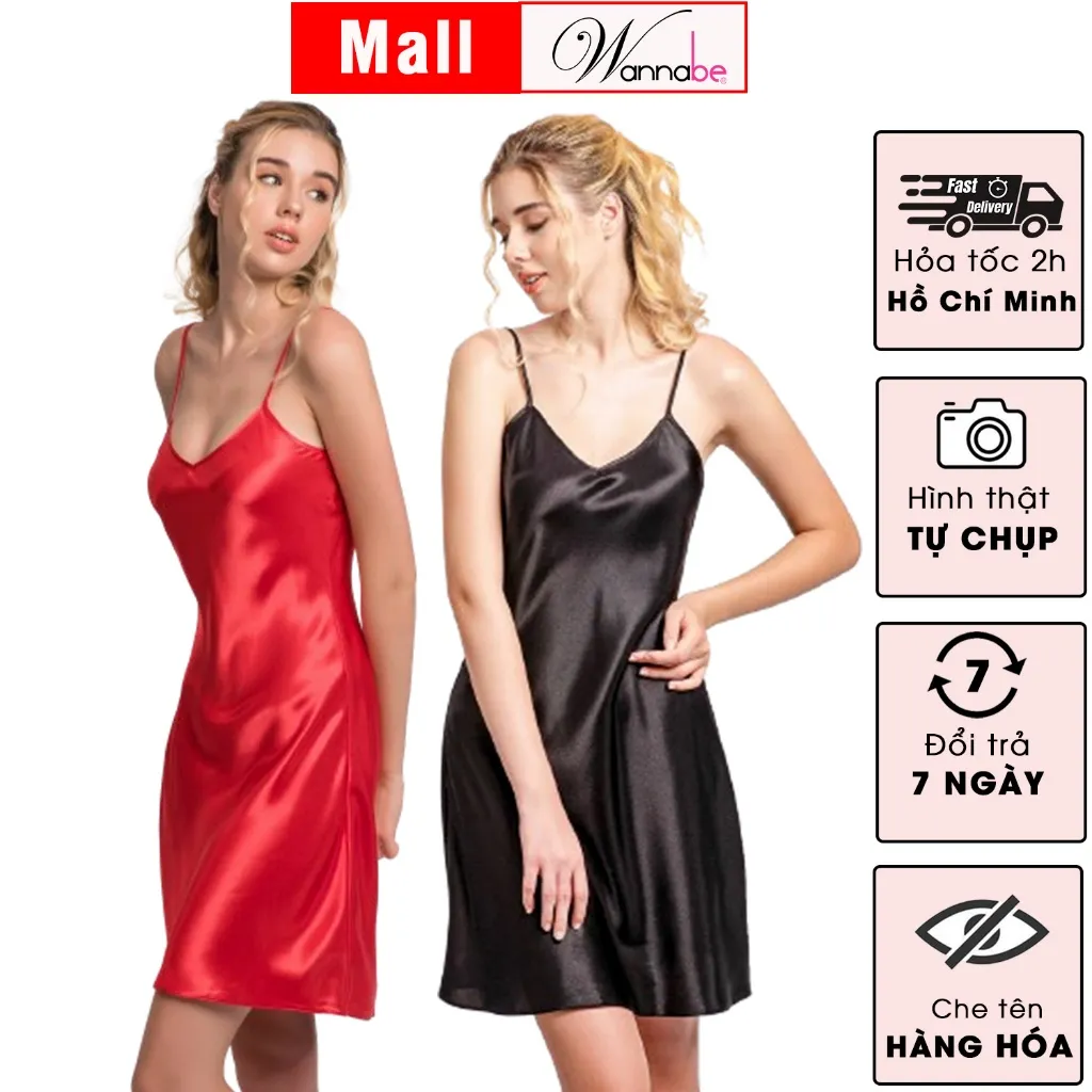 Ảnh Combo 2 đầm ngủ lụa WANNABE váy ngủ tối giản 2 dây êm dịu trẻ trung chăm sóc làn da giấc ngủ DN612 1