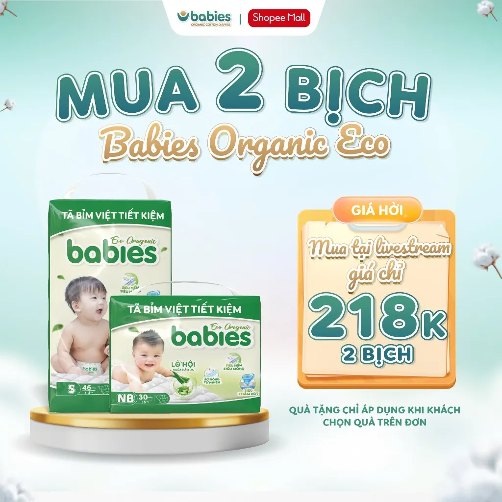 Ảnh Combo 2 Bịch Tã/Bỉm BABIES ORGANIC ECO Siêu Mềm Mịn, Mỏng Thoáng, Lô Hội Ngừa Hăm Bí - Size NB/S/M/L/XL/2XL/3XL 1