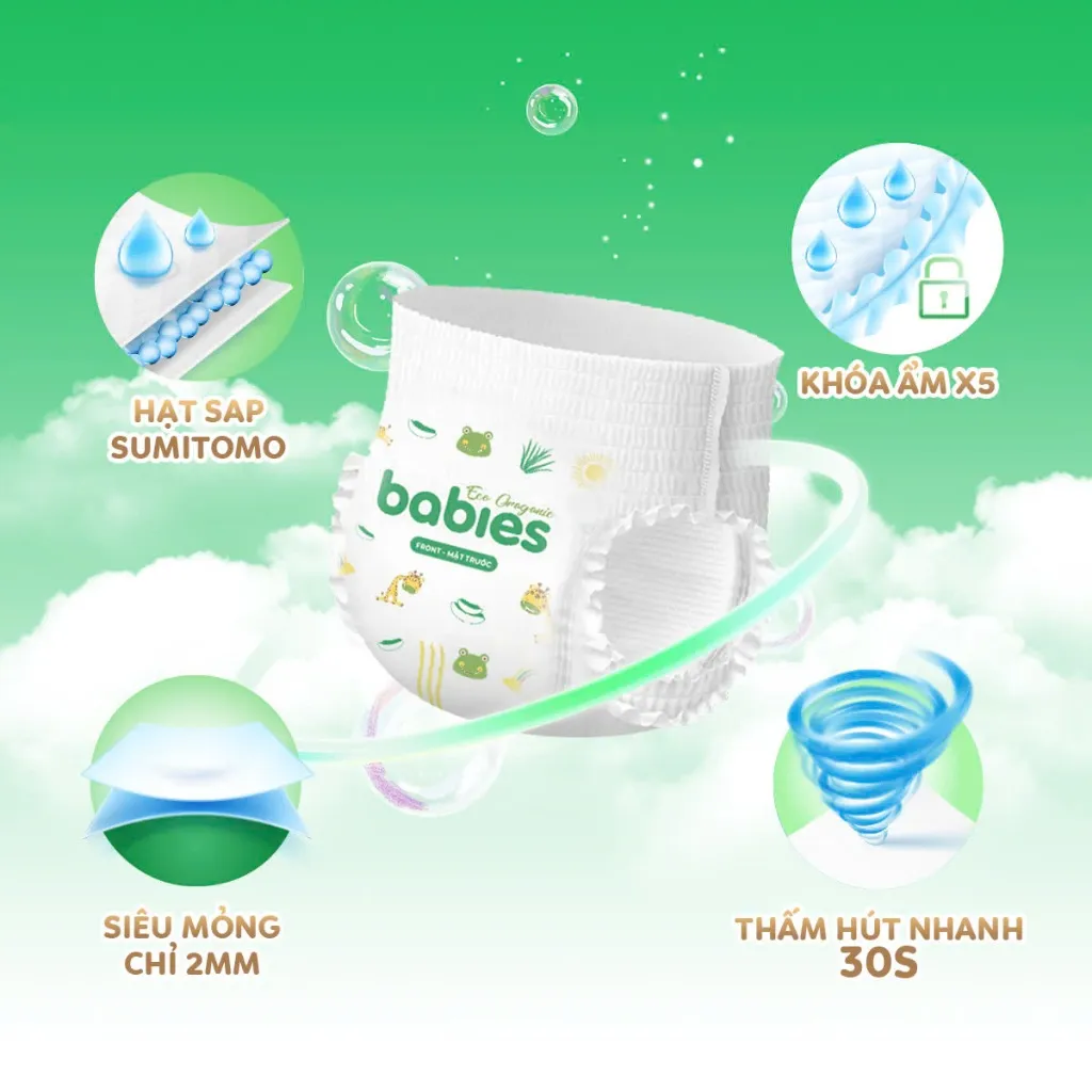 Ảnh Combo 2 Bịch Tã/Bỉm BABIES ORGANIC ECO Siêu Mềm Mịn, Mỏng Thoáng, Lô Hội Ngừa Hăm Bí - Size NB/S/M/L/XL/2XL/3XL 3