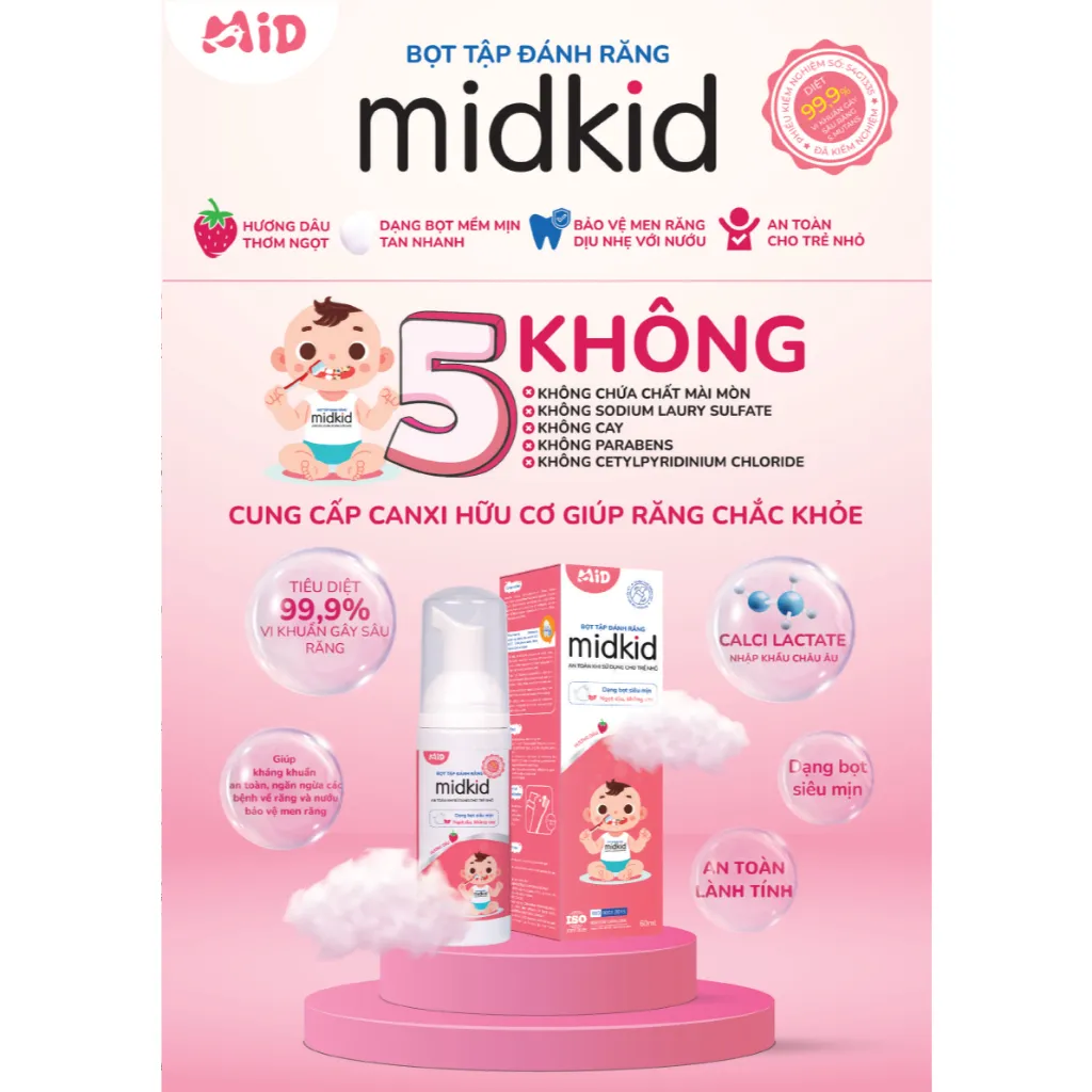 Ảnh Combo 2 hộp Bọt tâp đánh răng Midkid vị dâu nuốt được cho bé từ 1 tuổi, giúp làm sạch, trắng răng 1