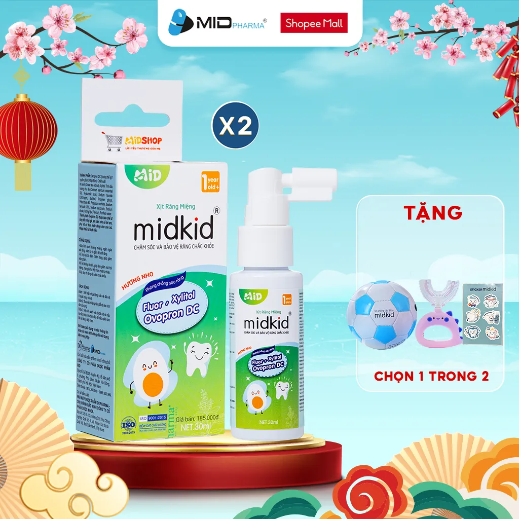 Ảnh Combo 2 hộp Xịt chống sâu răng Midkid vị nho 30ml cho bé từ 1 tuổi giúp làm sạch, ngăn ngừa ố vàng 1