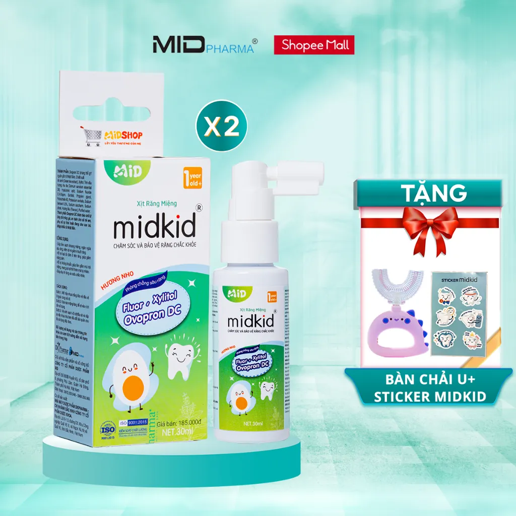 Ảnh Combo 2 hộp Xịt chống sâu răng Midkid vị nho 30ml cho bé từ 1 tuổi - Tặng Bàn chải U hình thú ngẫu nhiên + Sticker 1