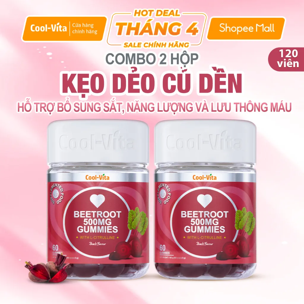 Ảnh Combo 2 Kẹo Dẻo Củ Dền Thuần Chay Hỗ Trợ Bổ Sung Sắt, Lưu Thông Máu & Bổ Sung Năng Lượng LCitrulline Vị Đào CoolVita 1