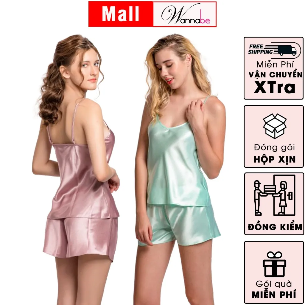 Ảnh COMBO 2 đồ bộ mặc nhà WANNABE đồ ngủ nữ quần sọt áo 2 dây lụa mịn mát kiểu đơn giản thoải mái BS612 3