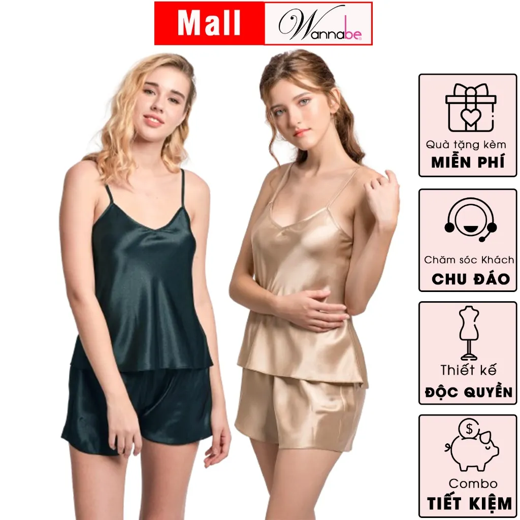 Ảnh COMBO 2 đồ bộ mặc nhà WANNABE đồ ngủ nữ quần sọt áo 2 dây lụa mịn mát kiểu đơn giản thoải mái BS612 4