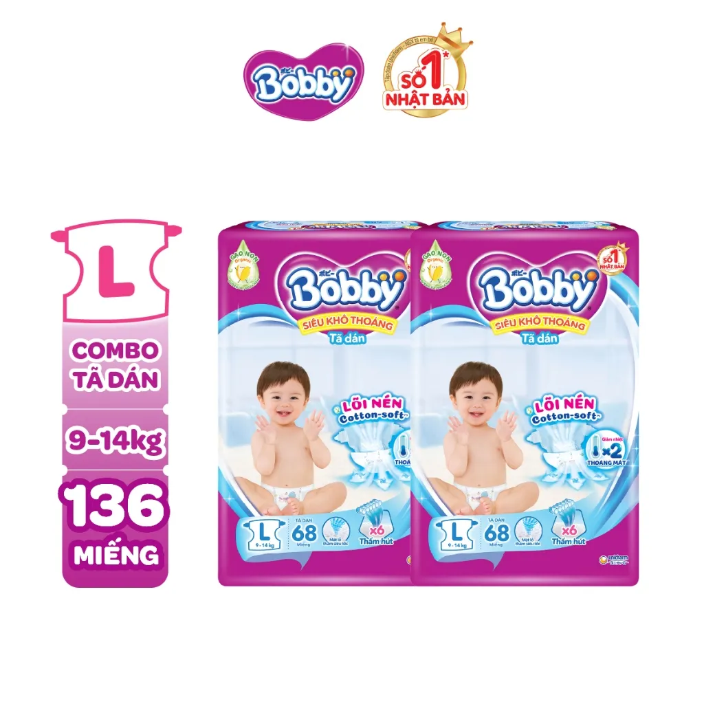 Ảnh Combo 2 tã dán Bobby S80/M76/L68/XL62/XXL56 mới- Lõi nén cotton-soft 3mm 1