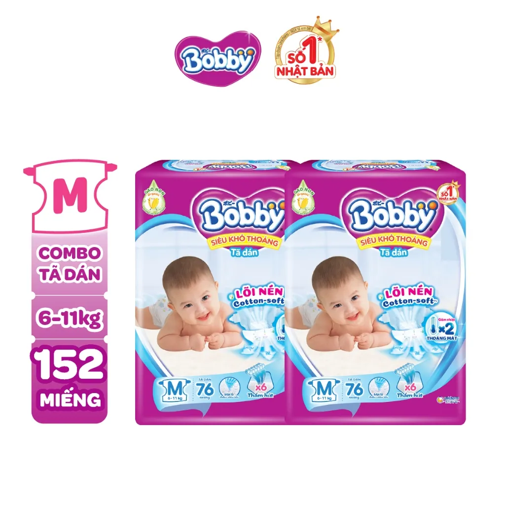 Ảnh Combo 2 tã dán Bobby S80/M76/L68/XL62/XXL56 mới- Lõi nén cotton-soft 3mm 2