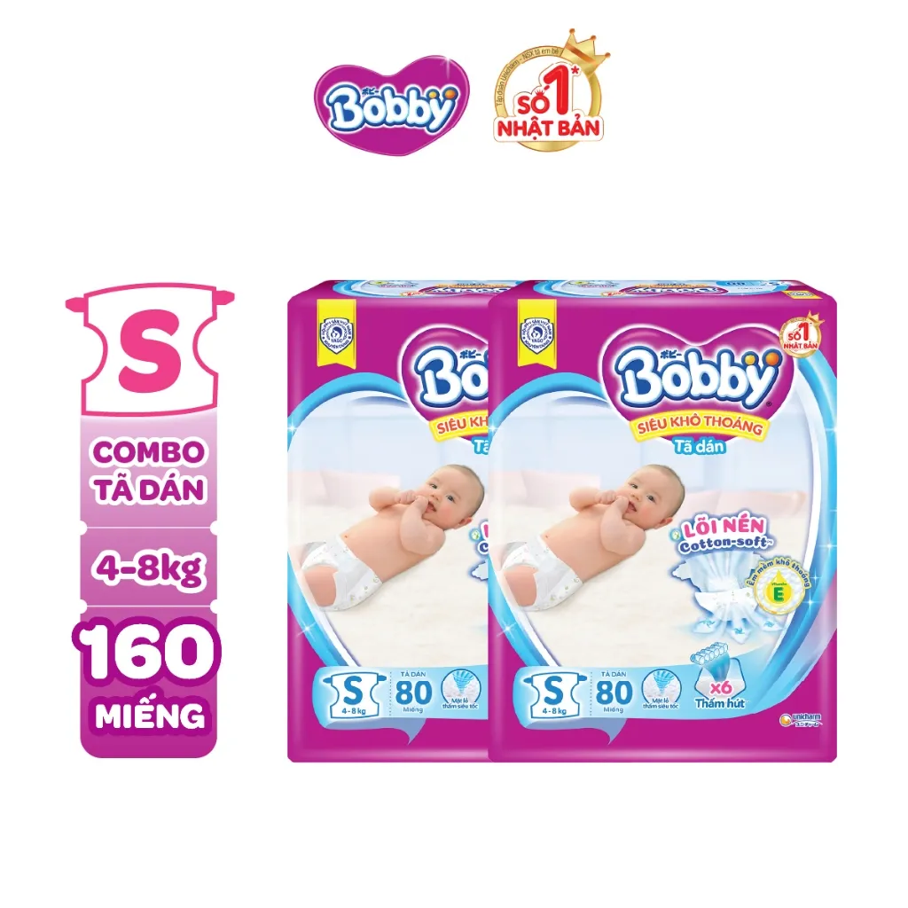 Ảnh Combo 2 tã dán Bobby S80/M76/L68/XL62/XXL56 mới- Lõi nén cotton-soft 3mm 3