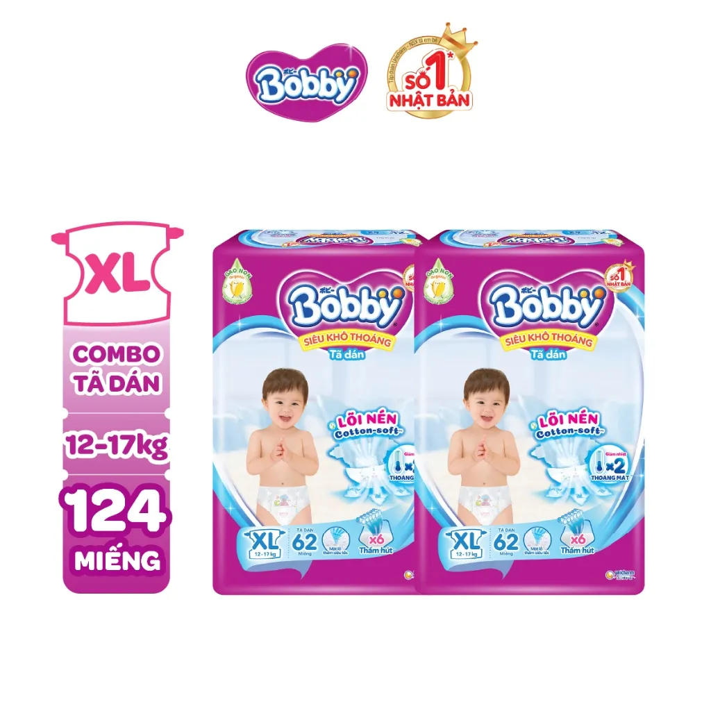 Ảnh Combo 2 tã dán Bobby S80/M76/L68/XL62/XXL56 mới- Lõi nén cotton-soft 3mm 4