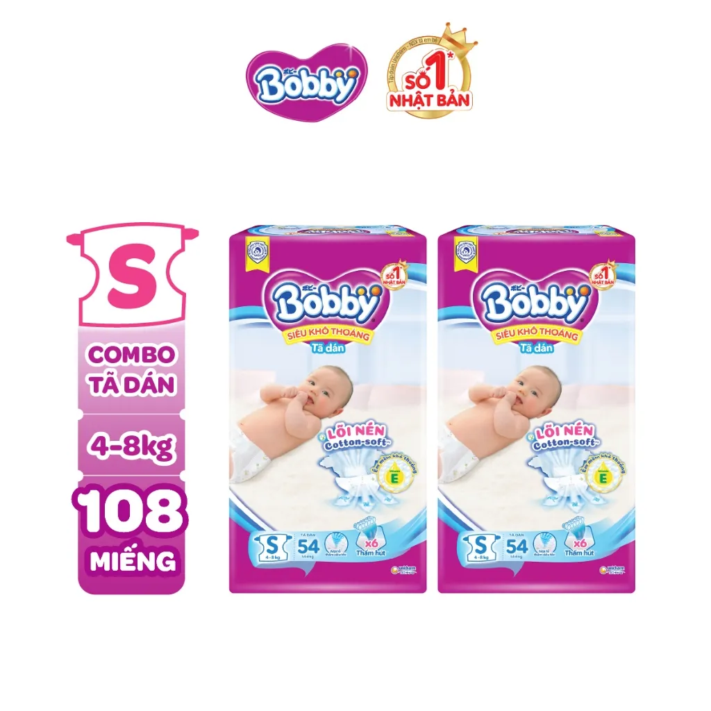 Ảnh Combo 2 tã dán sơ sinh Bobby NB70/S54/M46 mới- Lõi nén cotton-soft 3mm 2