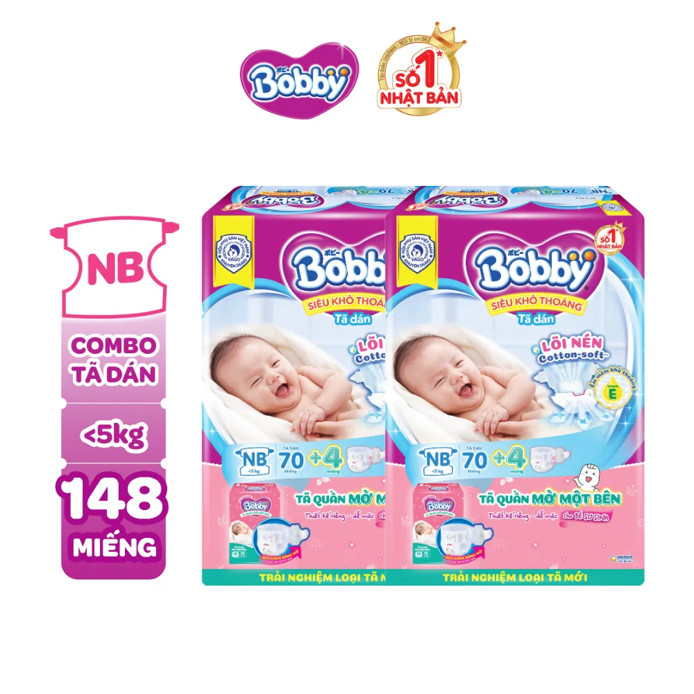 Ảnh Combo 2 tã dán sơ sinh Bobby NB70/S54/M46 mới- Lõi nén cotton-soft 3mm 3