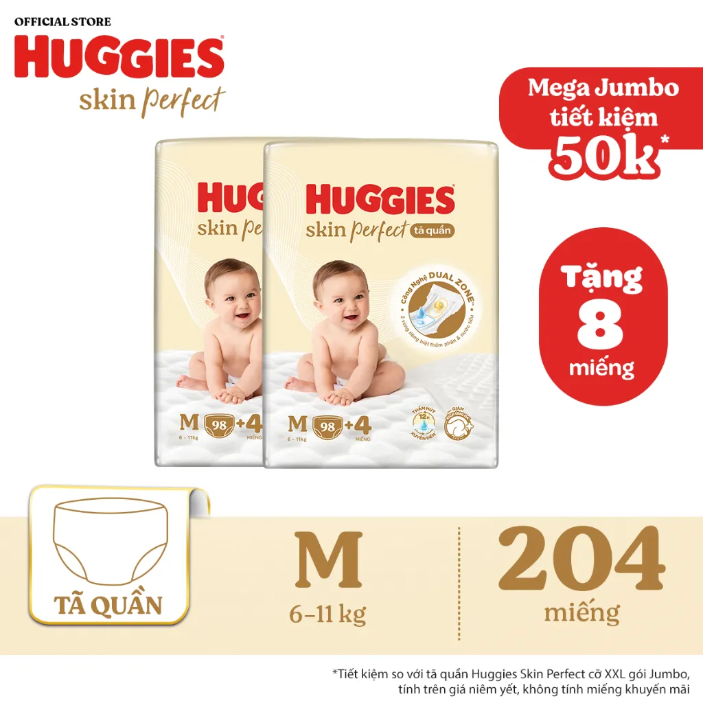 Ảnh Combo 2 Tã quần Huggies Skin Perfect Mega Jumbo M98+4/ L88+4/XL72+4/XXL64+4 với 2 vùng thấm giảm kích ứng da 1