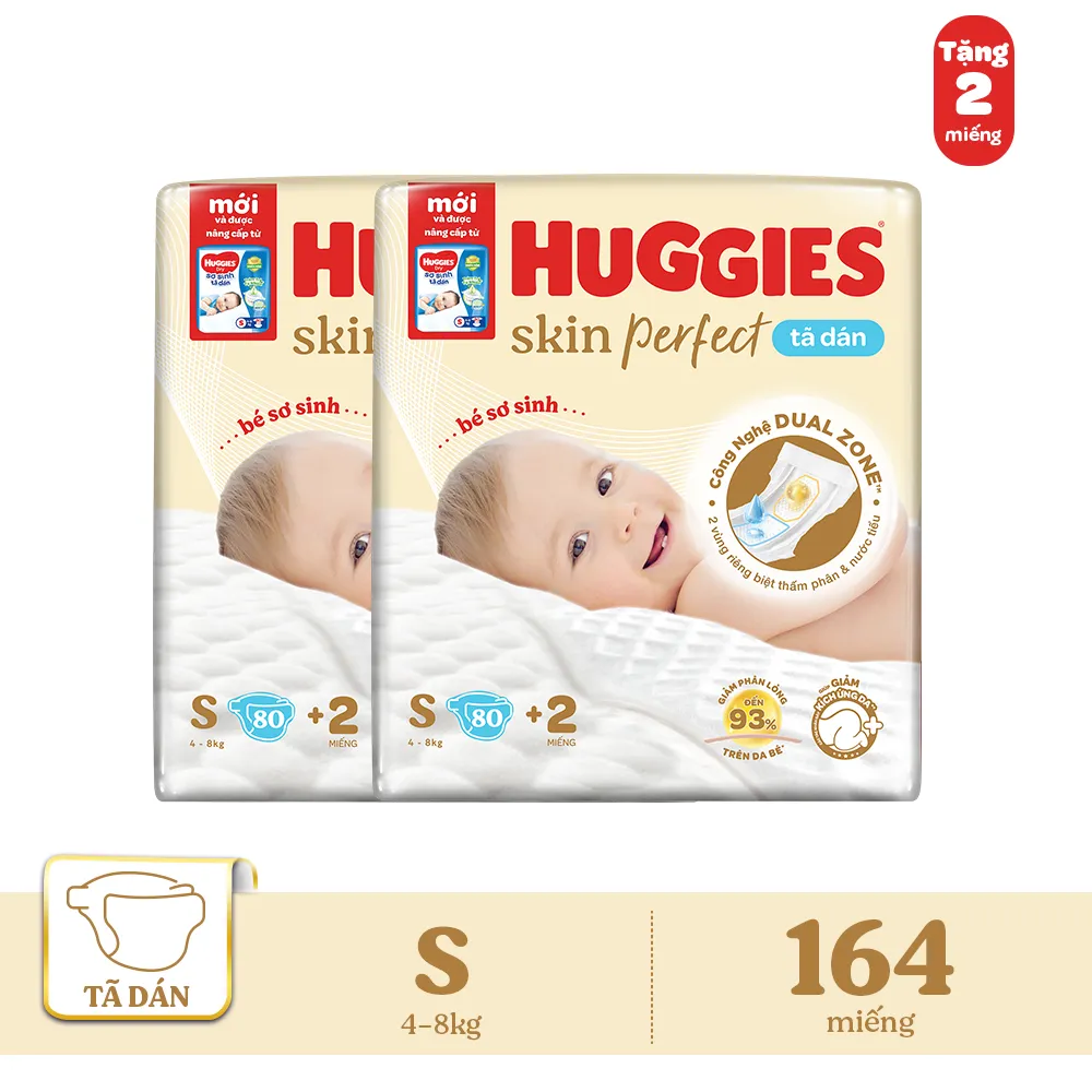 Ảnh Combo 2 Tã/bỉm dán sơ sinh Huggies Skin Perfect S 80+2 miếng với 2 vùng thấm giảm kích ứng da 1
