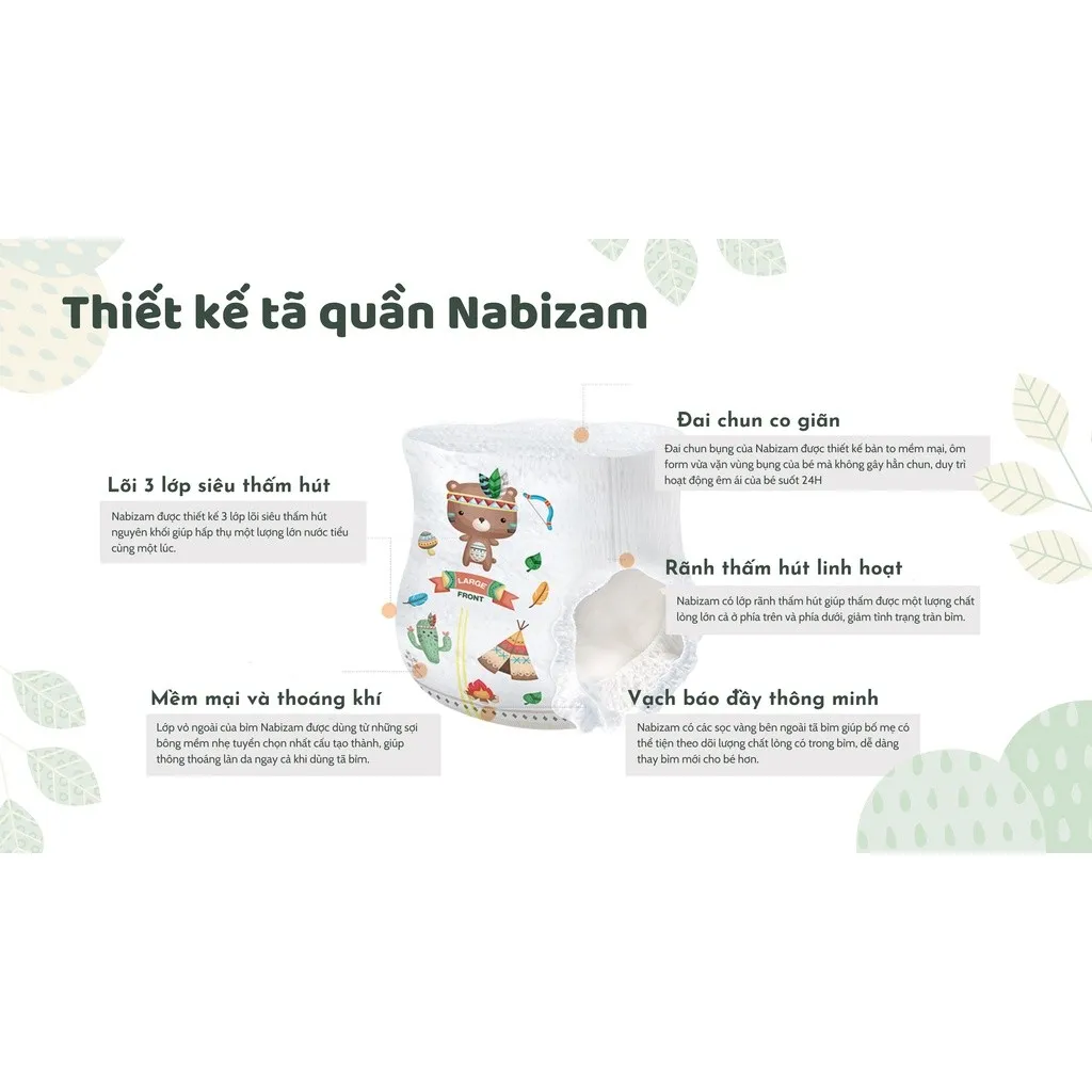 Ảnh COMBO 2 Tã/Bỉm Quần Nabizam UltraThin Nội Địa Hàn Cao Cấp Mỏng Vượt Trội, Thấm Hút Size M/6-11kg/32 Miếng/Bịch 3