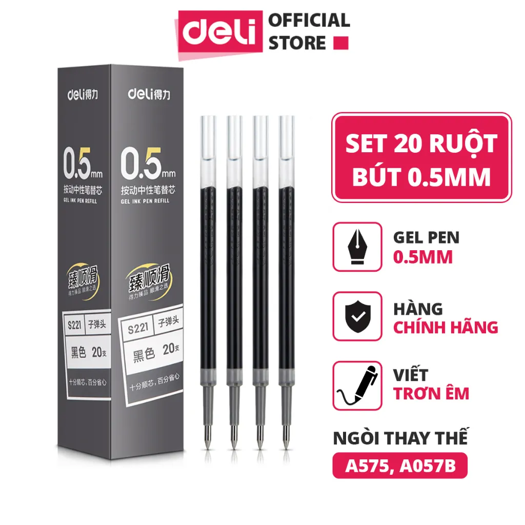 Ảnh Combo 20 ruột bút gel S221 Deli 0.5mm dùng cho bút bi nước A575 không gai viết trơn tru phù hợp học sinh văn phòng 1