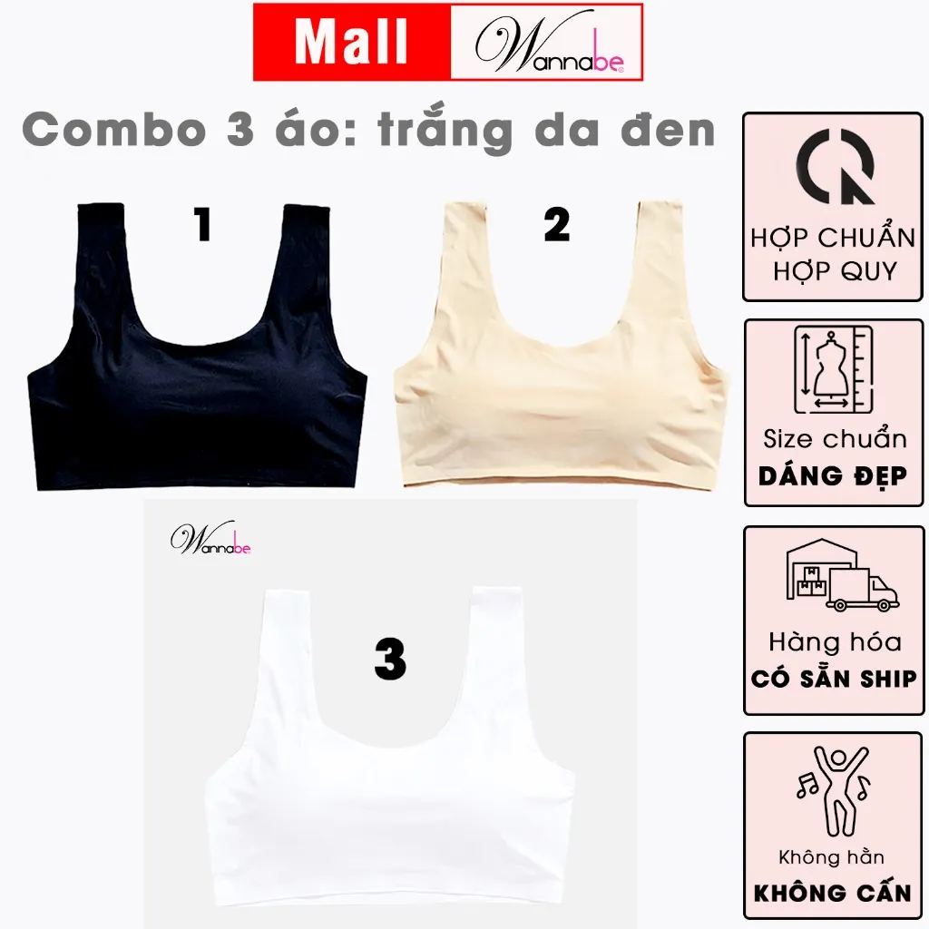 Ảnh Combo 3 áo ngực WANNABE áo chíp không gọng chất su kiểu ba lỗ không gọng có mút không hằn cứng AL48S 1