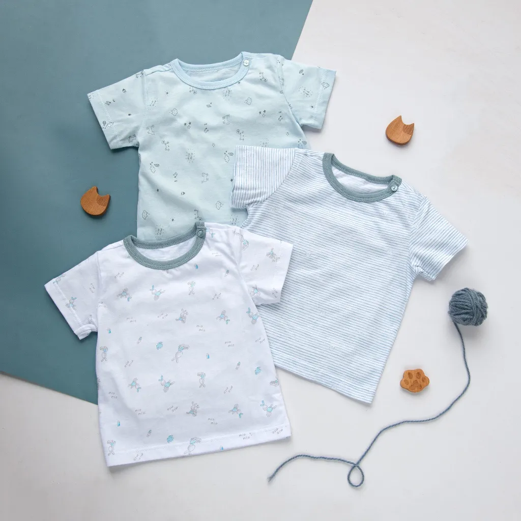 Ảnh Combo 3 Áo Tay Cộc Nút Vai MIOMIO Vải Cotton Cho Bé Trai,Gái, Họa tiết Thỏ,Sọc,MèoMây (Từ 0-24 Tháng)Thoáng Mát Dễ Chịu 1