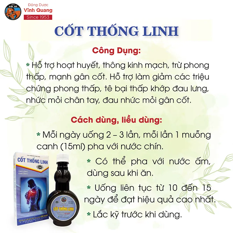 Ảnh Combo 3 chai Cốt Thống Linh VĨNH QUANG - Hoạt huyết, thấp khớp, đau lưng - chai 280ml 2