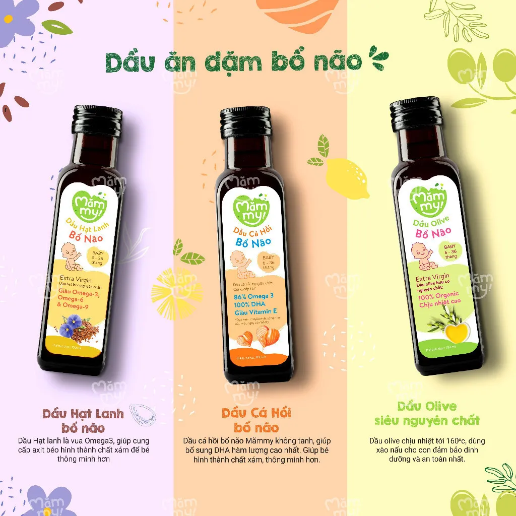 Ảnh Combo 3 dầu ăn dặm bổ não Mămmy, dầu cá hồi, hạt lanh, Olive bổ sung DHA, Omega-3 cho bé từ 6 tháng, chai 100ml 2