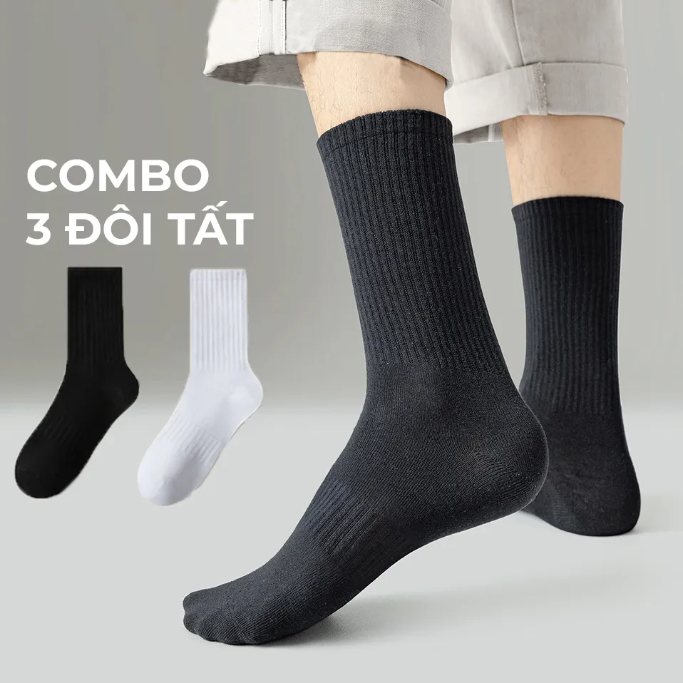Ảnh Combo 3 đôi tất trơn cổ cao dễ phối đồ, Set 3 đôi tất cao cổ G2 màu đen hoặc trắng bằng cotton hàng VNXK 1