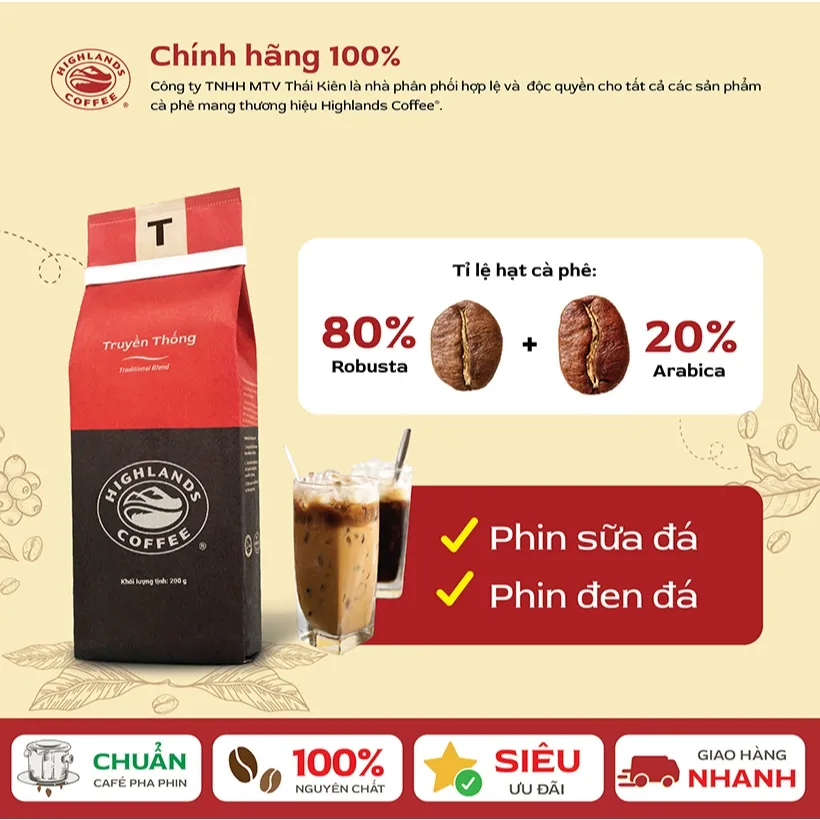 Ảnh Combo 3 gói Cà phê rang xay Truyền thống Highlands Coffee 200g 2
