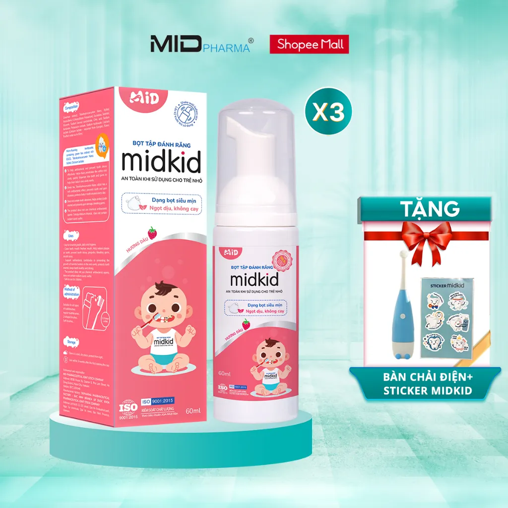 Ảnh Combo 3 hộp Bọt tâp đánh răng Midkid vị dâu 60ml  cho bé từ 1 tuổi - Tặng Bàn chải điện + Sticker 1