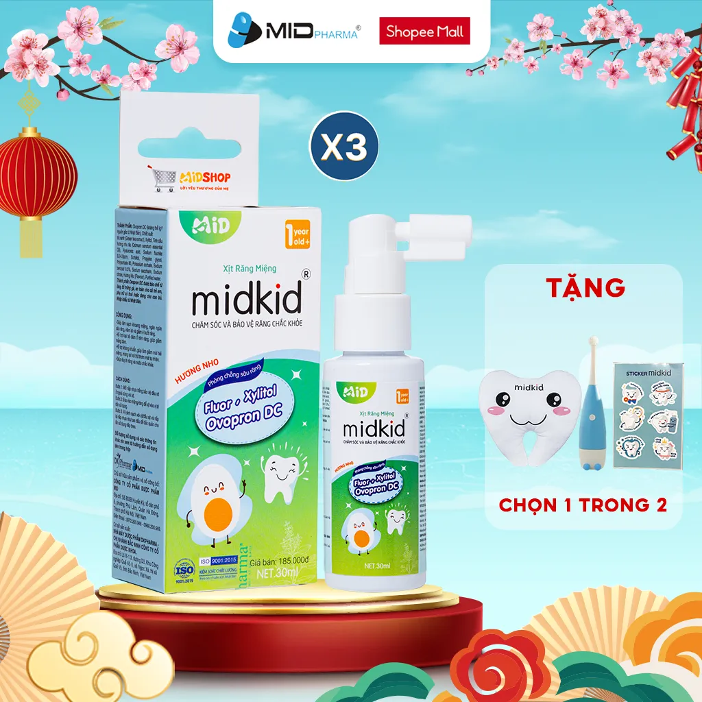 Ảnh Combo 3 hộp Xịt chống sâu răng Midkid vị nho 30ml cho bé từ 1 tuổi giúp làm sạch, ngăn ngừa ố vàng 1