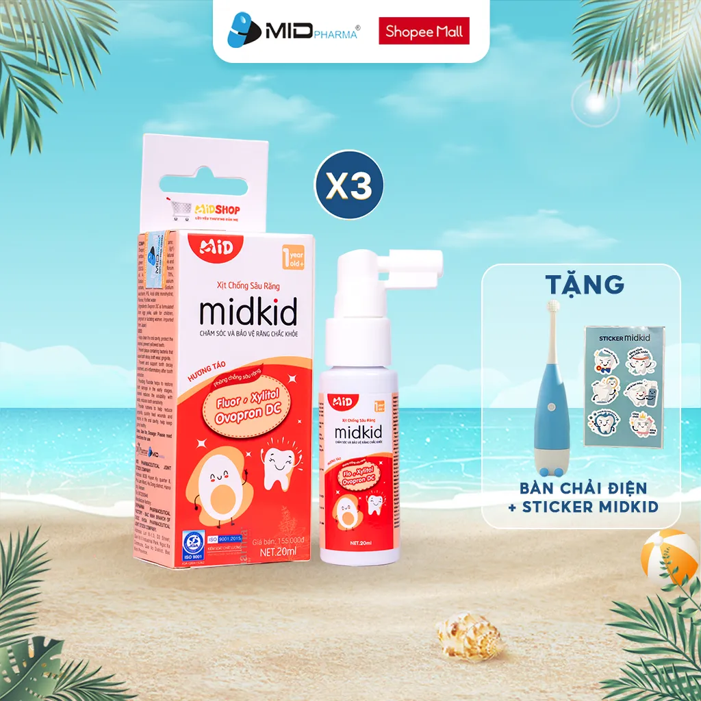 Ảnh Combo 3 hộp xịt chống sâu răng MIDKID cho bé từ 1 tuổi giúp làm sạch và bảo vệ men răng vị táo 20ml 3