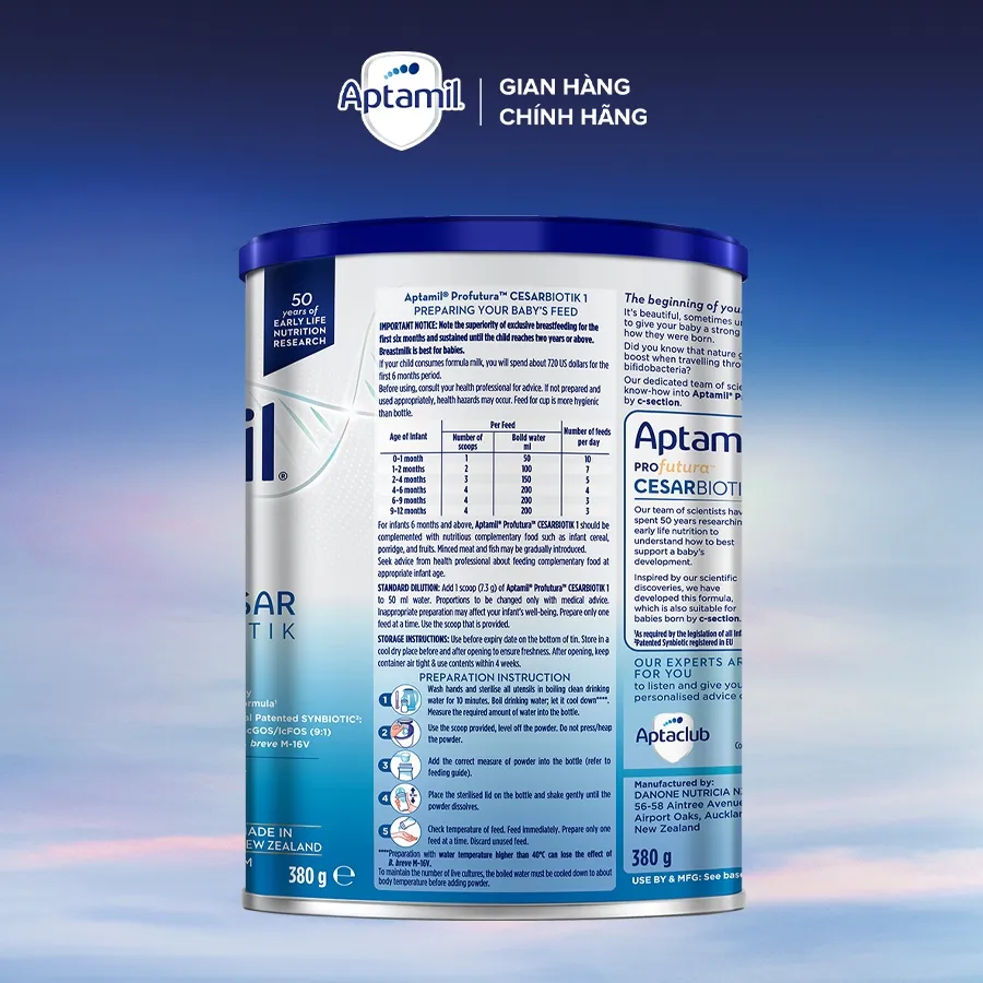 Ảnh Combo 3 Sữa bột Aptamil Profutura Cesarbiotik New Zealand hộp thiếc số 1 (380g) cho bé từ 0-12 tháng tuổi 4