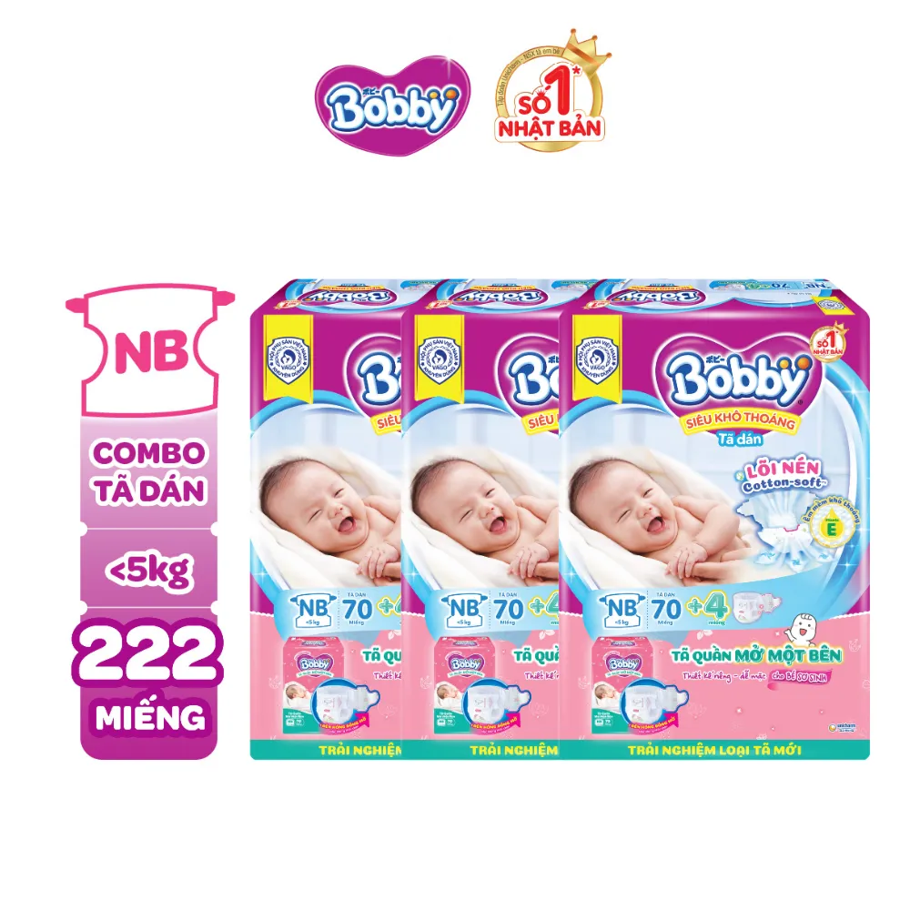 Ảnh Combo 3 tã dán sơ sinh Bobby NB70/S54/M46 mới- Lõi nén cotton-soft 3mm 3