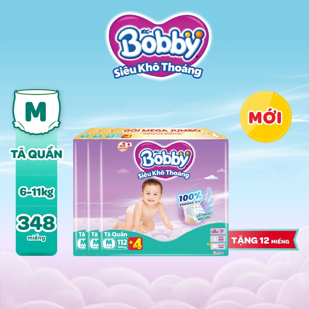 Ảnh Combo 3 tã quần Bobby Siêu Khô Thoáng - 100% Thoáng Khí Mega Jumbo M112/L96/XL84/XXL76 1