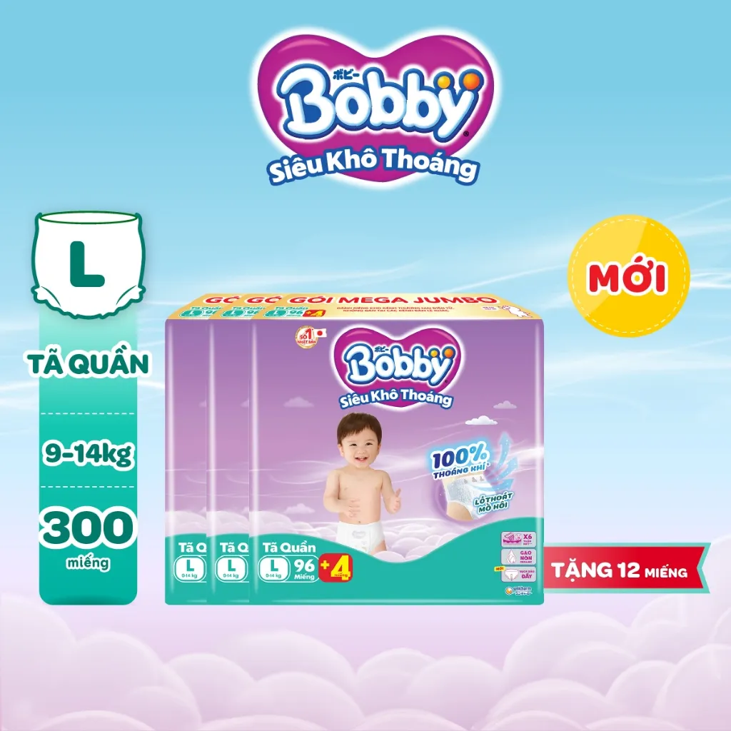 Ảnh Combo 3 tã quần Bobby Siêu Khô Thoáng - 100% Thoáng Khí Mega Jumbo M112/L96/XL84/XXL76 2