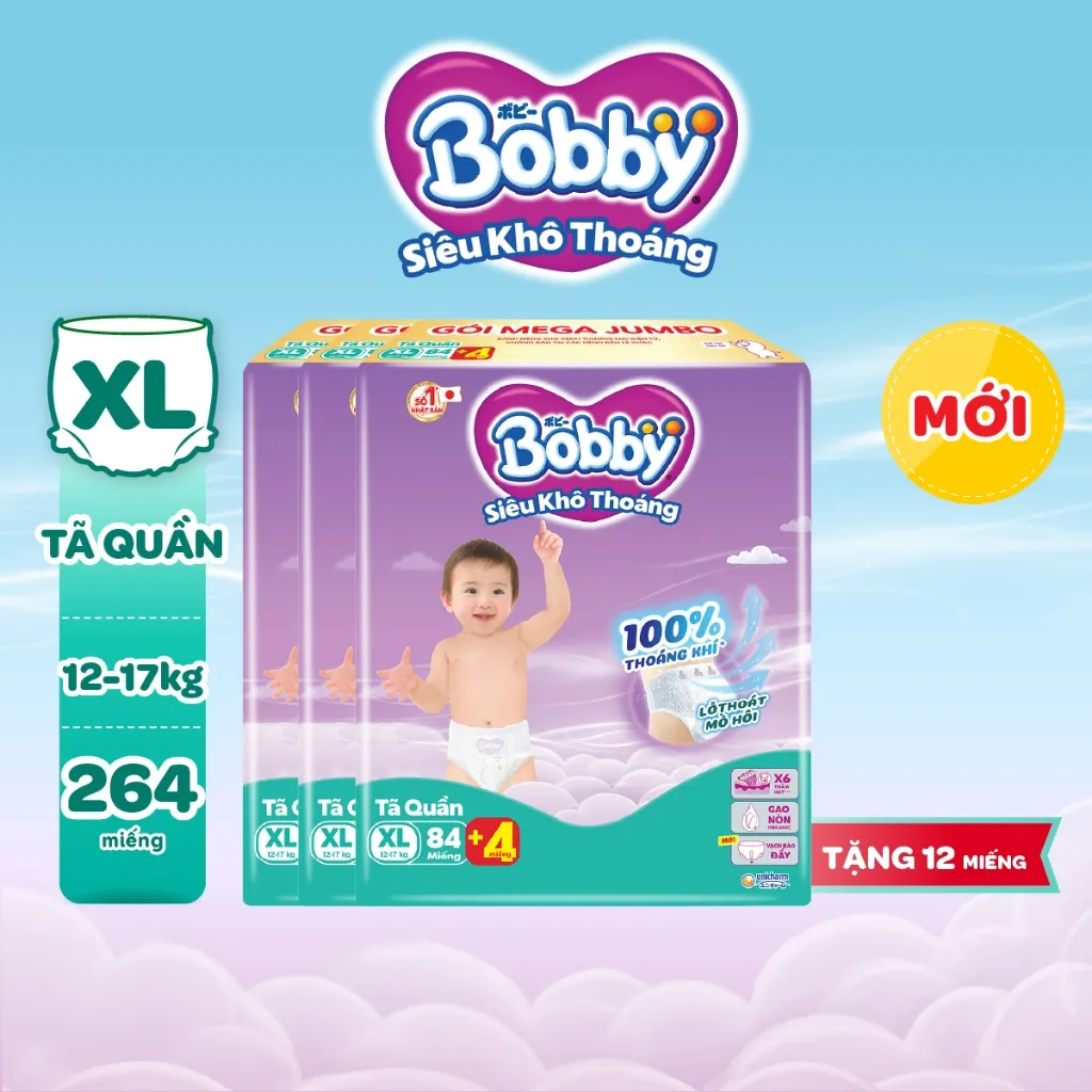 Ảnh Combo 3 tã quần Bobby Siêu Khô Thoáng - 100% Thoáng Khí Mega Jumbo M112/L96/XL84/XXL76 3