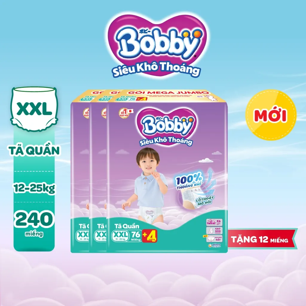 Ảnh Combo 3 tã quần Bobby Siêu Khô Thoáng - 100% Thoáng Khí Mega Jumbo M112/L96/XL84/XXL76 4