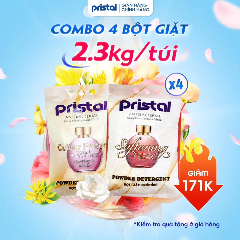 Ảnh Combo 4 bột giặt sinh học Pristal giữ màu, làm mềm vải túi 2,3kg bột giặt quần áo không phải màu an toàn cho da em bé 1