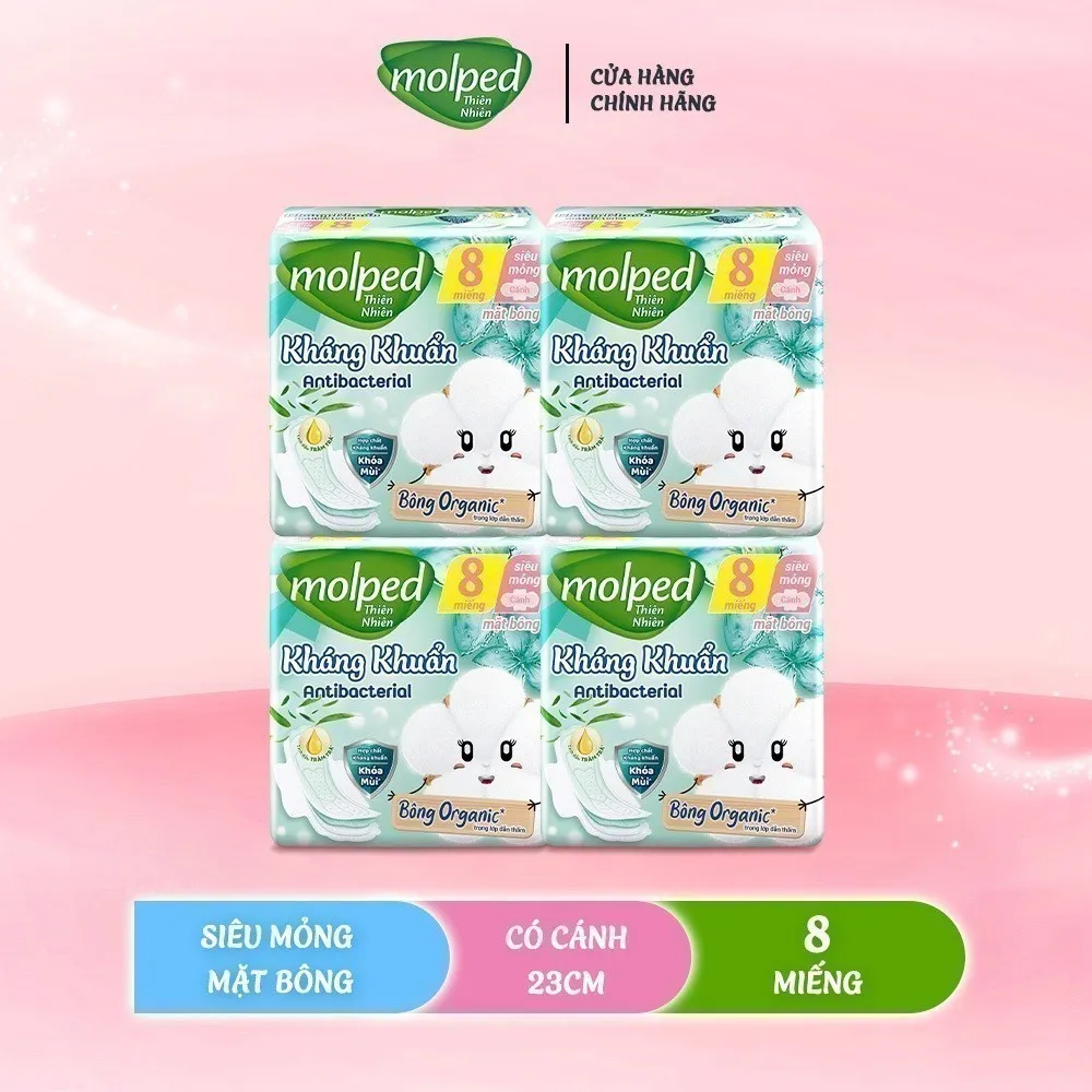 Ảnh Combo 4 Gói Băng vệ sinh Molped thiên nhiên Kháng Khuẩn Siêu mỏng có cánh 23cm (GÓI 8 MIẾNG) 1
