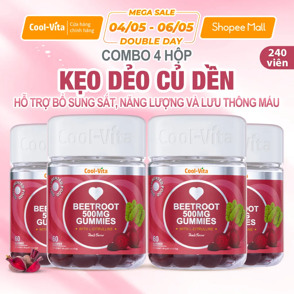 Ảnh Combo 4 Kẹo Dẻo Củ Dền Thuần Chay Hỗ Trợ Bổ Sung Sắt, Lưu Thông Máu & Bổ Sung Năng Lượng LCitrulline Vị Đào CoolVita 1