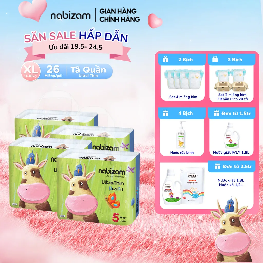 Ảnh COMBO 4 Tã/Bỉm Quần NABIZAM UltraThin Công Nghệ Thấm Hút Từ Hàn Quốc, Mỏng Nhẹ Và Chống Tràn Size XL /từ 12kg/26 miếng 1