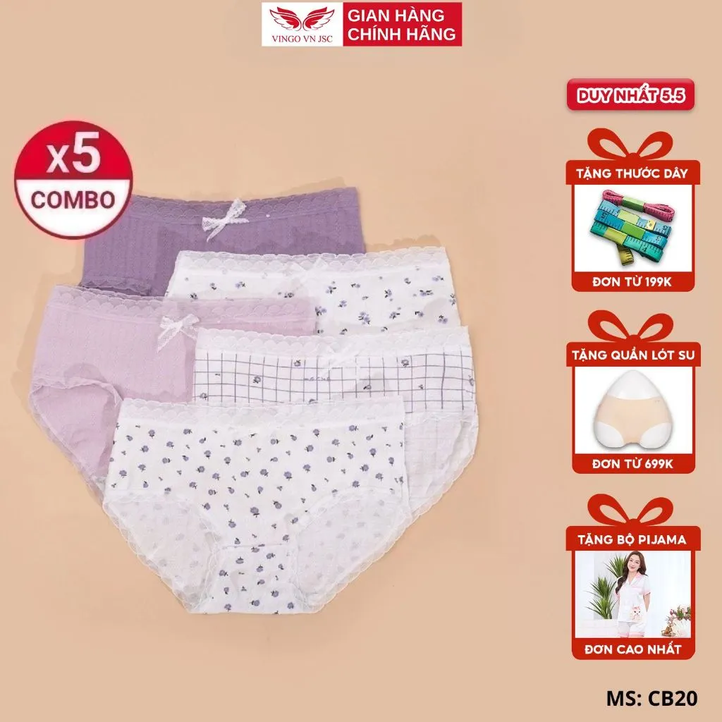 Ảnh Combo 5 Quần Lót Cotton Nữ Cạp Cao VINGO Thấm Hút Kháng Khuẩn Phối Viền Ren Lưới Mềm CB20 VNGO 1