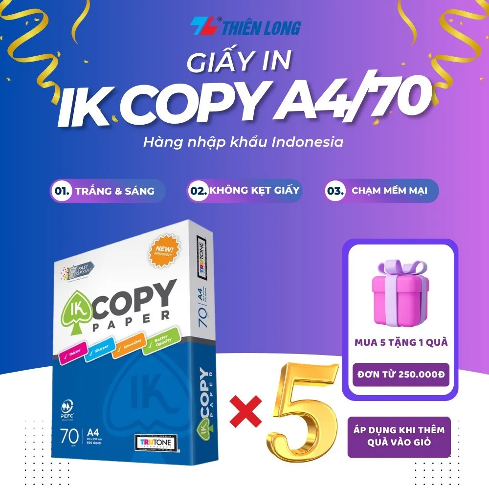 Ảnh Combo 5 ream giấy in A4, giấy photo 70gsm Thiên Long IK Copy 500 tờ - Thùng giấy A4 500 tờ cứng không gợn sóng 1
