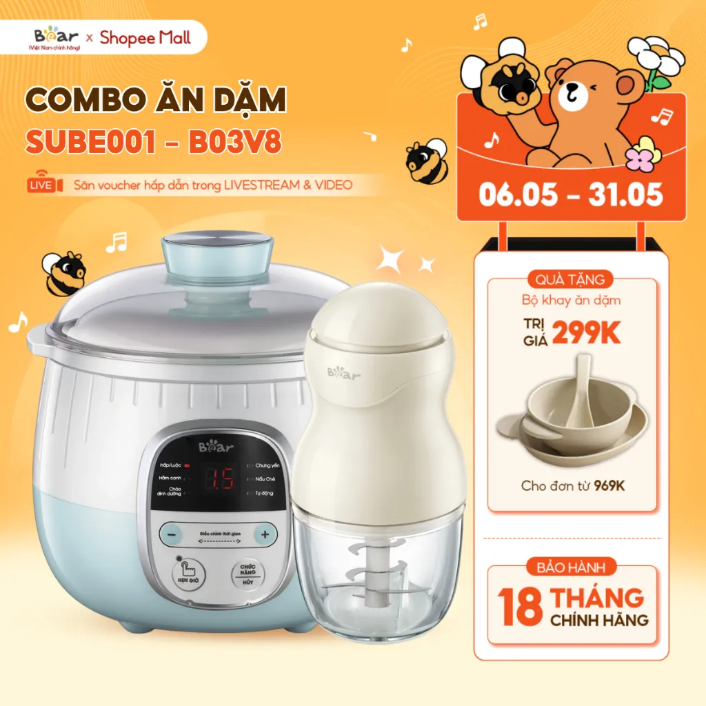 Ảnh Combo Ăn Dặm Nồi Nấu Cháo Chậm 0.8L BEAR SUBE001 và Máy Xay Ăn Dặm 0.3L 8 Lưỡi B03V8 Nồi Nấu Cháo Chậm Máy Xay Thực Phẩm 1