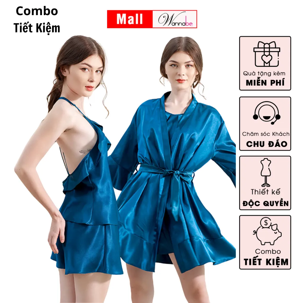 Ảnh Combo áo choàng ngủ + bộ đùi nữ WANNABE bộ đôi thời trang ngủ cao cấp mà vẫn tiết kiệm KIBSS22 3