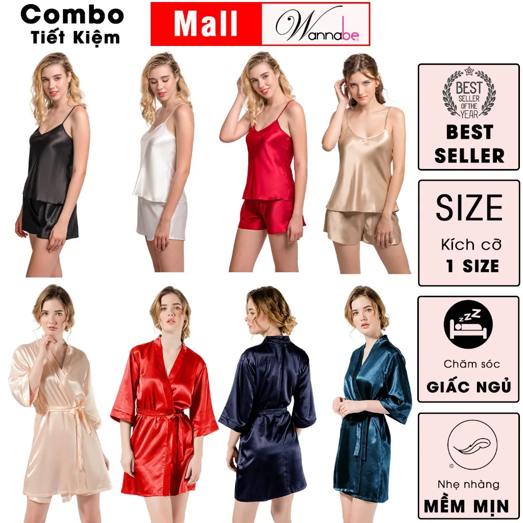 Ảnh Combo áo choàng ngủ bộ đùi nữ lụa mịn WANNABE thoải Mái thời trang tối giản tiết kiệm hơn KI010BS612 2