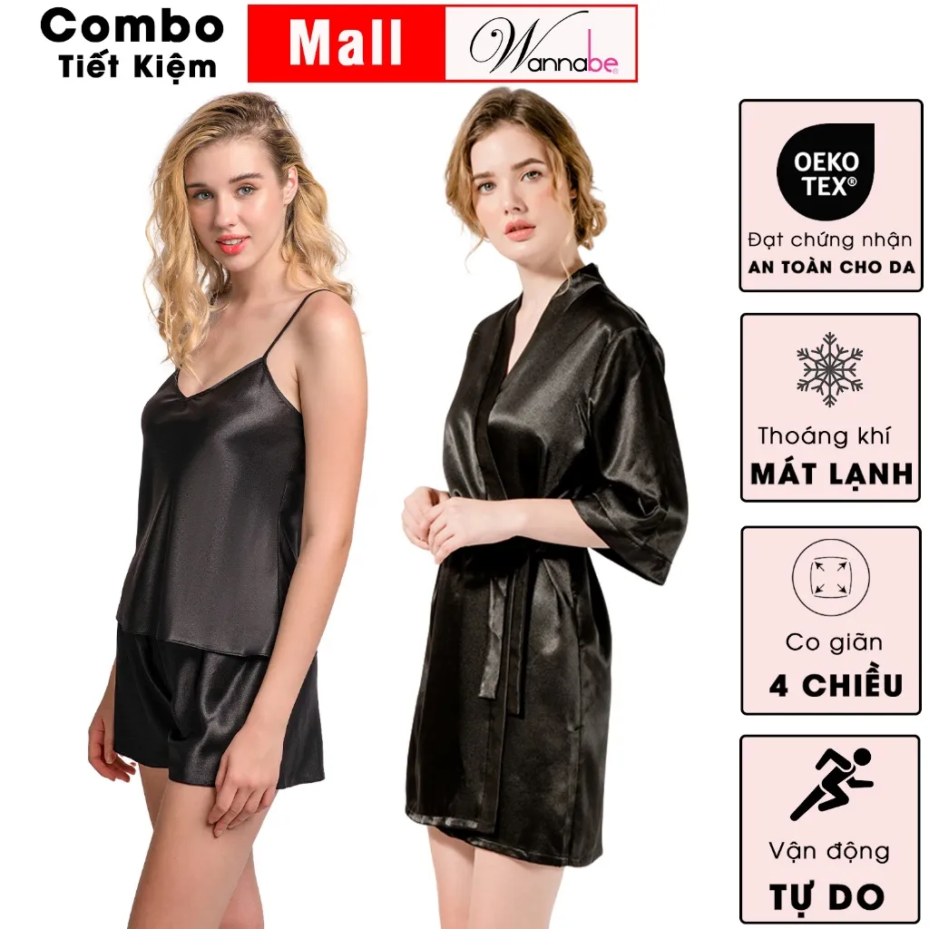 Ảnh Combo áo choàng ngủ bộ đùi nữ lụa mịn WANNABE thoải Mái thời trang tối giản tiết kiệm hơn KI010BS612 4