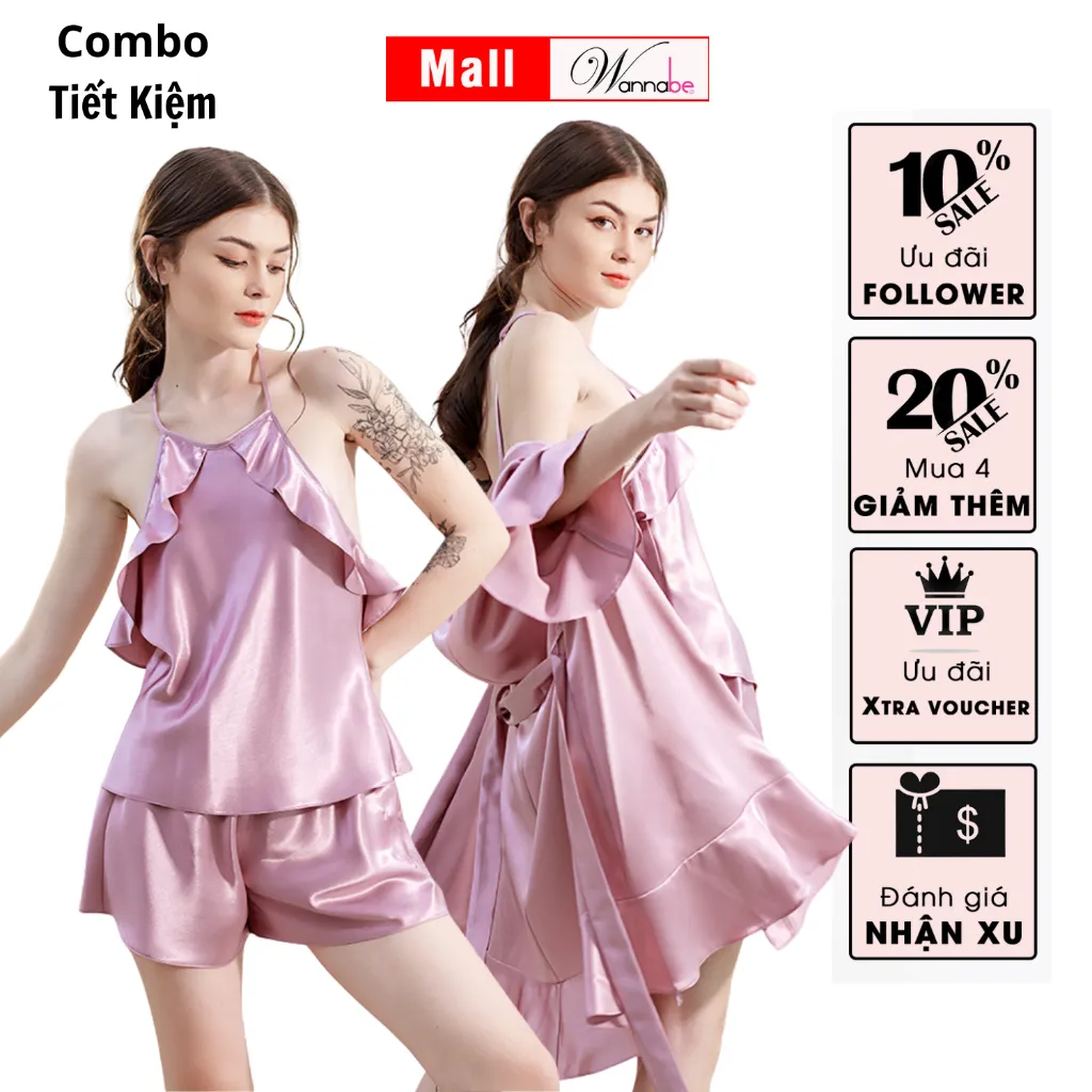 Ảnh Combo áo choàng ngủ + bộ đùi nữ WANNABE bộ đôi thời trang ngủ cao cấp mà vẫn tiết kiệm KIBSS22 4