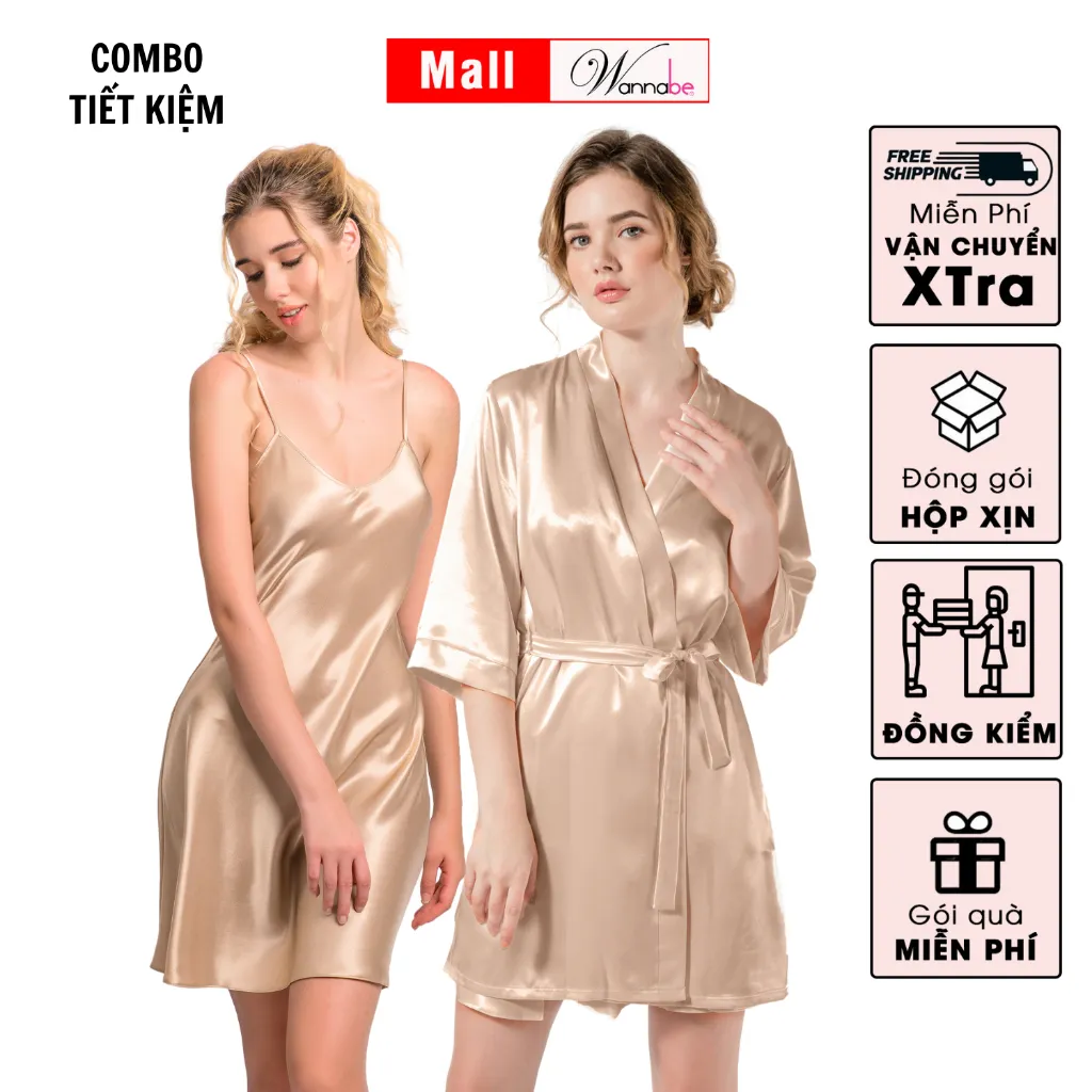 Ảnh Combo áo khoác ngủ kimono nữ + Váy ngủ lụa WANNABE bộ đôi kết hợp hoàn hảo cho phái đẹp KI010DN612 2