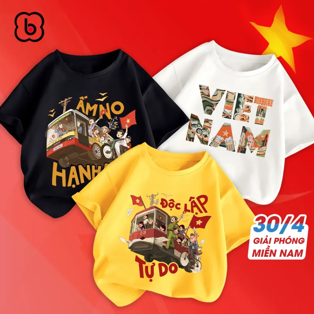 Ảnh Combo áo thun Việt Nam cho bé BabyloveGO áo phông cho bé mừng lễ 30-4 chất thun cotton co giãn thoáng mát 3